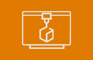 Icon of a 3D printer with a cube being printed on an orange background.