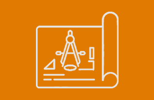 Blueprint graphic featuring a compass, ruler, and geometric shapes on an orange background.