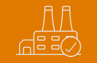 Factory outline with two smokestacks and a checkmark on an orange background.