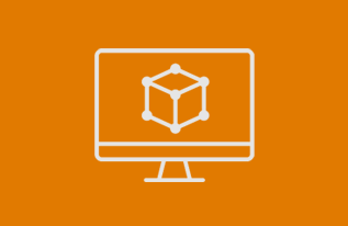 Line drawing of a computer monitor displaying a 3D cube on an orange background.