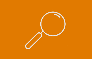 A simplistic white magnifying glass icon on an orange background.